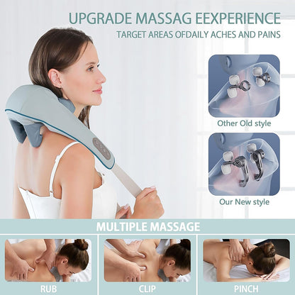 Wukusy electric rechargeable neck and shoulder massager with heat, designed for home use, showing the massager with straps and controls.