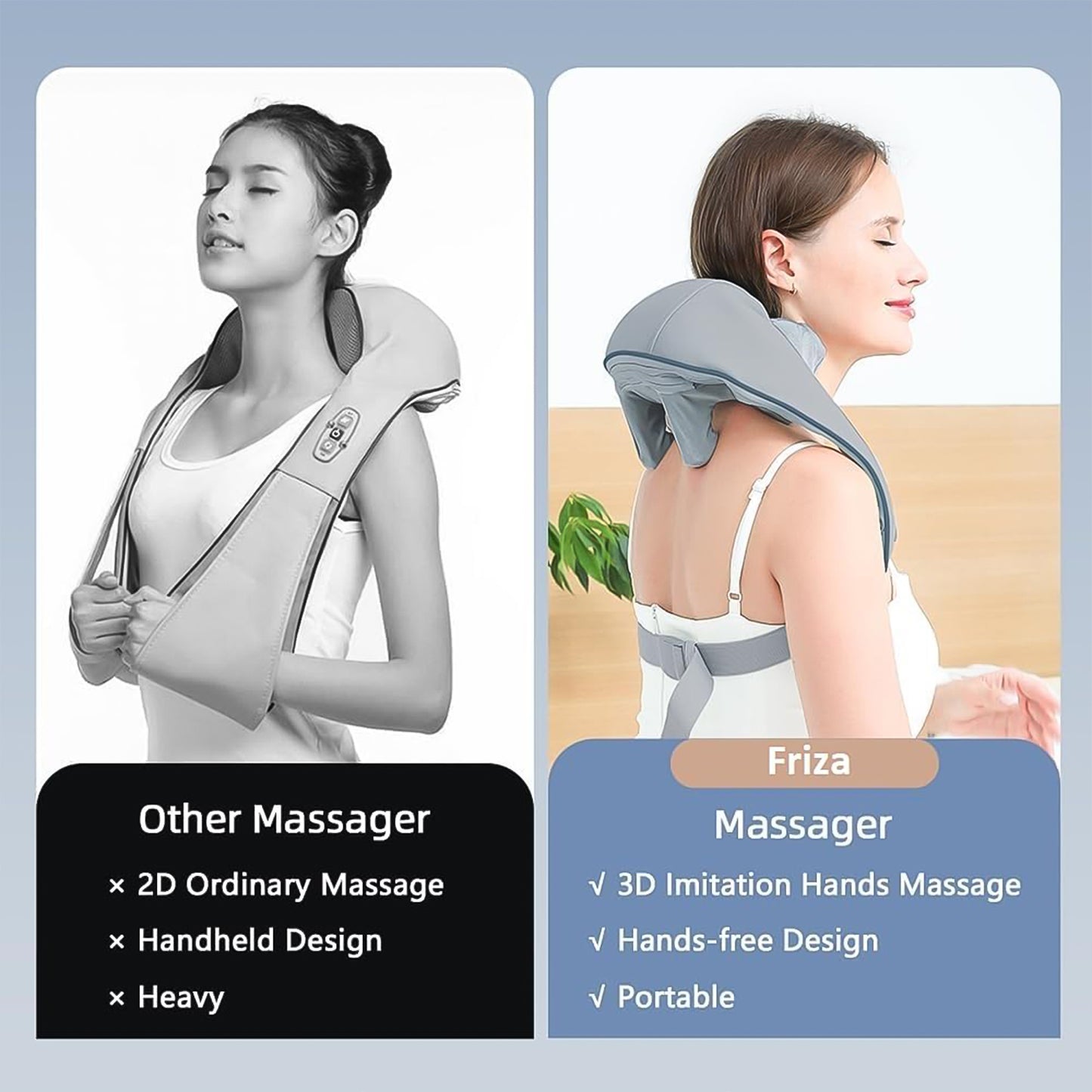 Wukusy rechargeable electric neck and shoulder massager with heat, designed for home use, showing the device on a person's shoulders.