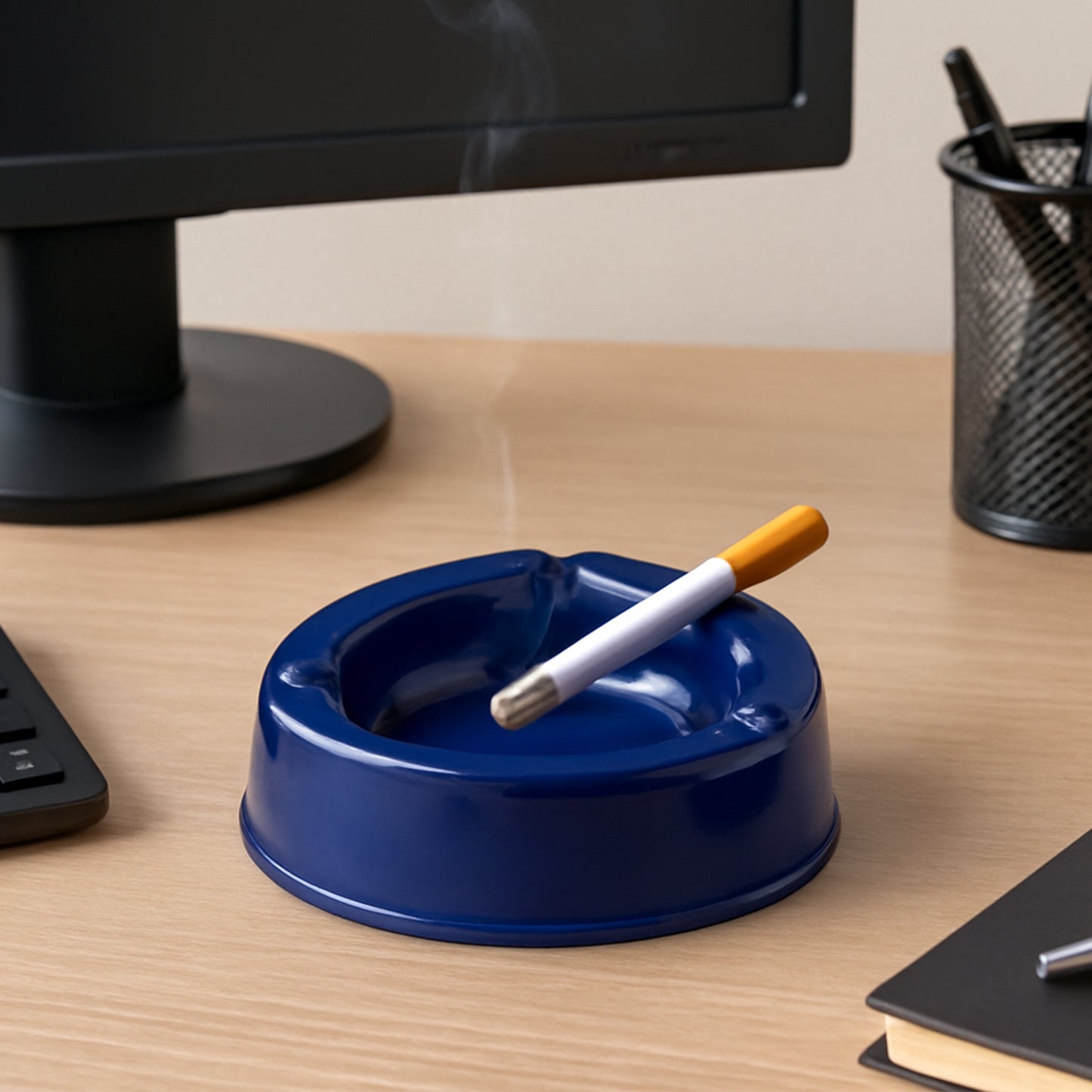 Dark blue plastic ashtray by Wukusy, designed for home improvement, with a sleek rectangular shape and deep bowl for ashes.