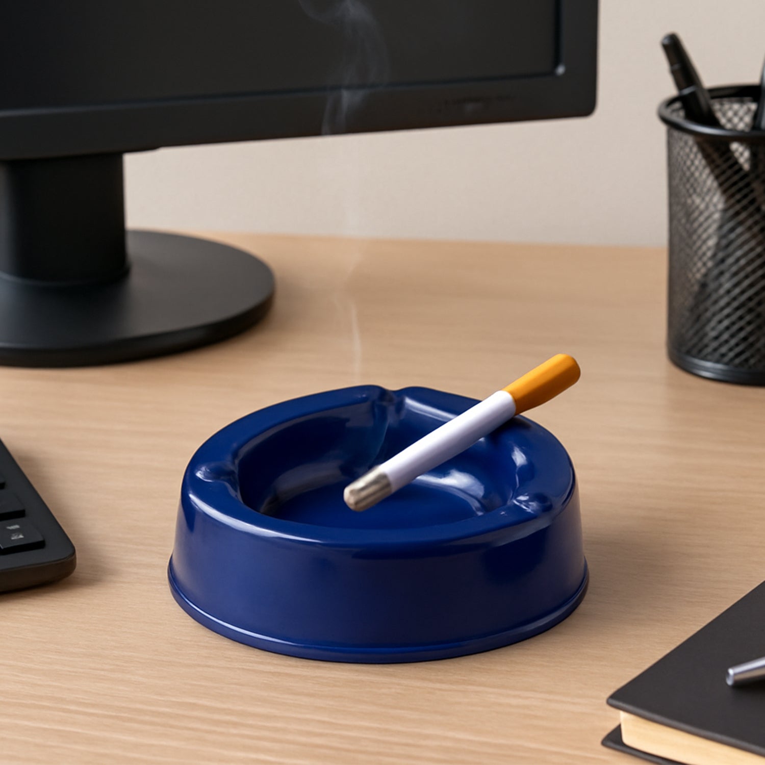 Dark blue plastic ashtray by Wukusy, designed for home improvement, with a sleek rectangular shape and deep bowl for ashes.