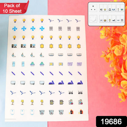 Pack of 10 Wukusy smart switch icon sticker sheets for home improvement, featuring multiple electrical icons on adhesive sheets.