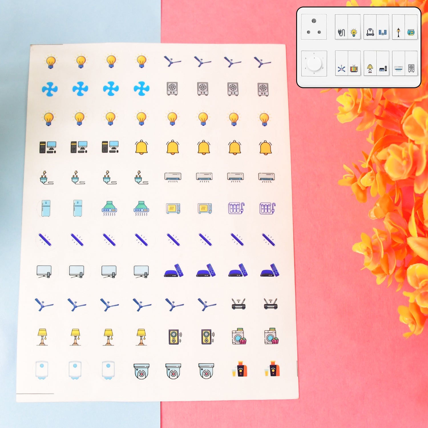 Wukusy home improvement pack of 10 sheets with multiple smart switch icon stickers for electrical device labeling.