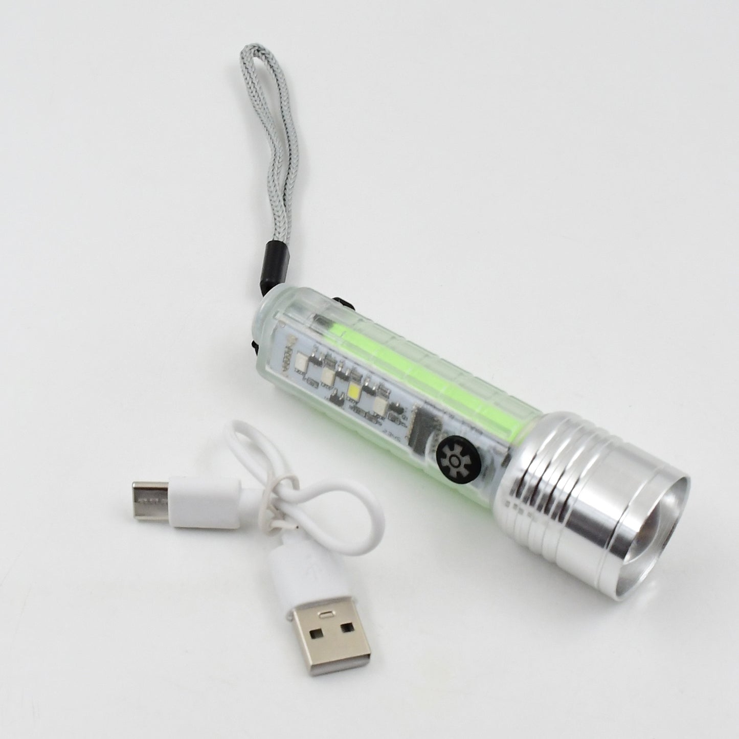 Wukusy rechargeable LED flashlight with pattern design, USB rechargeable, handheld torch light for home improvement tasks.