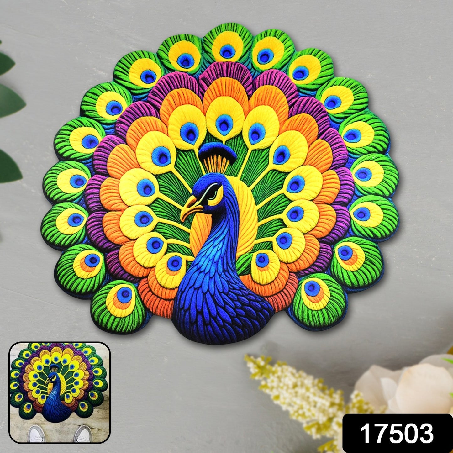 Wukusy peacock design anti-slip floor mat for home improvement, featuring a colorful peacock pattern on a durable rubber surface.