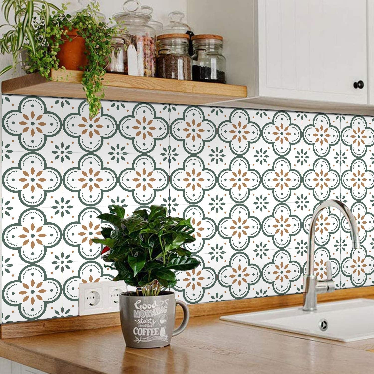 Wukusy peel and stick 8x8 inch waterproof floor and backsplash tiles for kitchen and bathroom wall decoration, DIY home improvement.