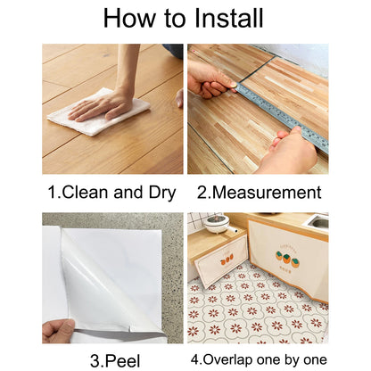 Wukusy peel and stick 8x8-inch floor tiles set with 10 waterproof DIY tiles for kitchen and bathroom wall decoration.