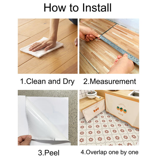 Wukusy peel and stick 8x8-inch floor tiles set with 10 waterproof DIY tiles for kitchen and bathroom wall decoration.