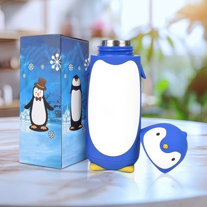 Wukusy penguin cartoon water bottle with insulated vacuum design, featuring a fun penguin illustration and inner glass for travel and hydration.