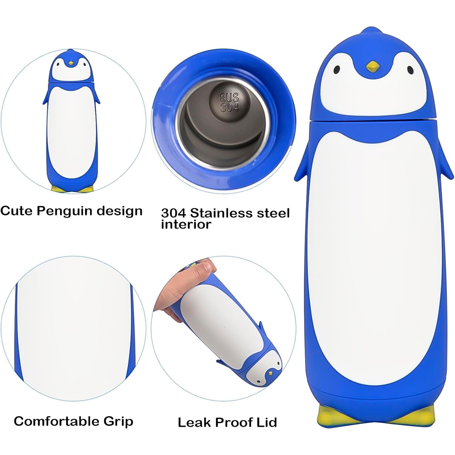 Wukusy penguin cartoon water bottle with insulated inner glass, vacuum seal, and travel mug design in a playful, fun style