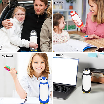 Wukusy penguin cartoon water bottle with insulated vacuum design, featuring a fun penguin illustration and clear inner glass.