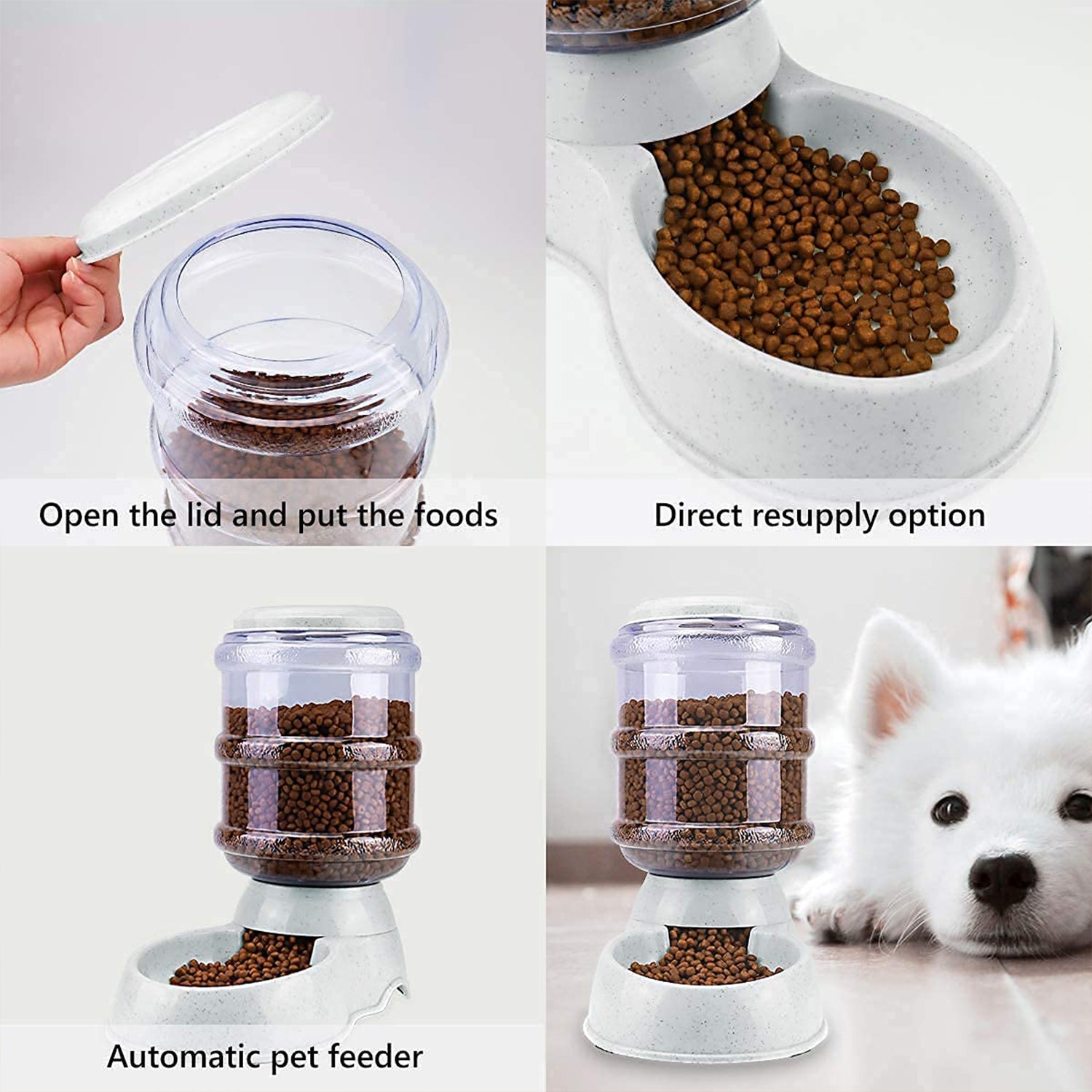 Wukusy pet feeder food dispenser for dogs and cats, automatic gravity dry food storage bottle for home pet feeding.