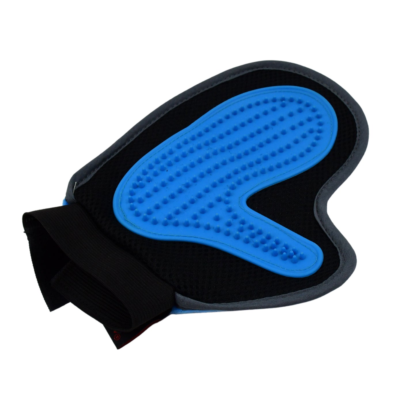 Wukusy pet grooming glove showing a hand wearing the descending brush glove for pet fur removal and grooming.