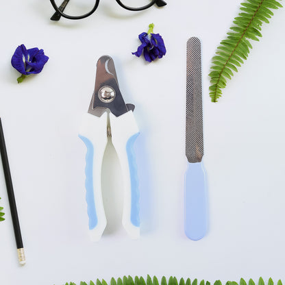 Wukusy pet nail clipper and nail file grooming kit for dogs and cats, including two grooming tools on a white background.