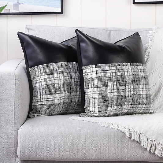 Pair of Wukusy soft leather and cotton pillow covers, 23x22 inch cushion cases for home decor, set of 2.