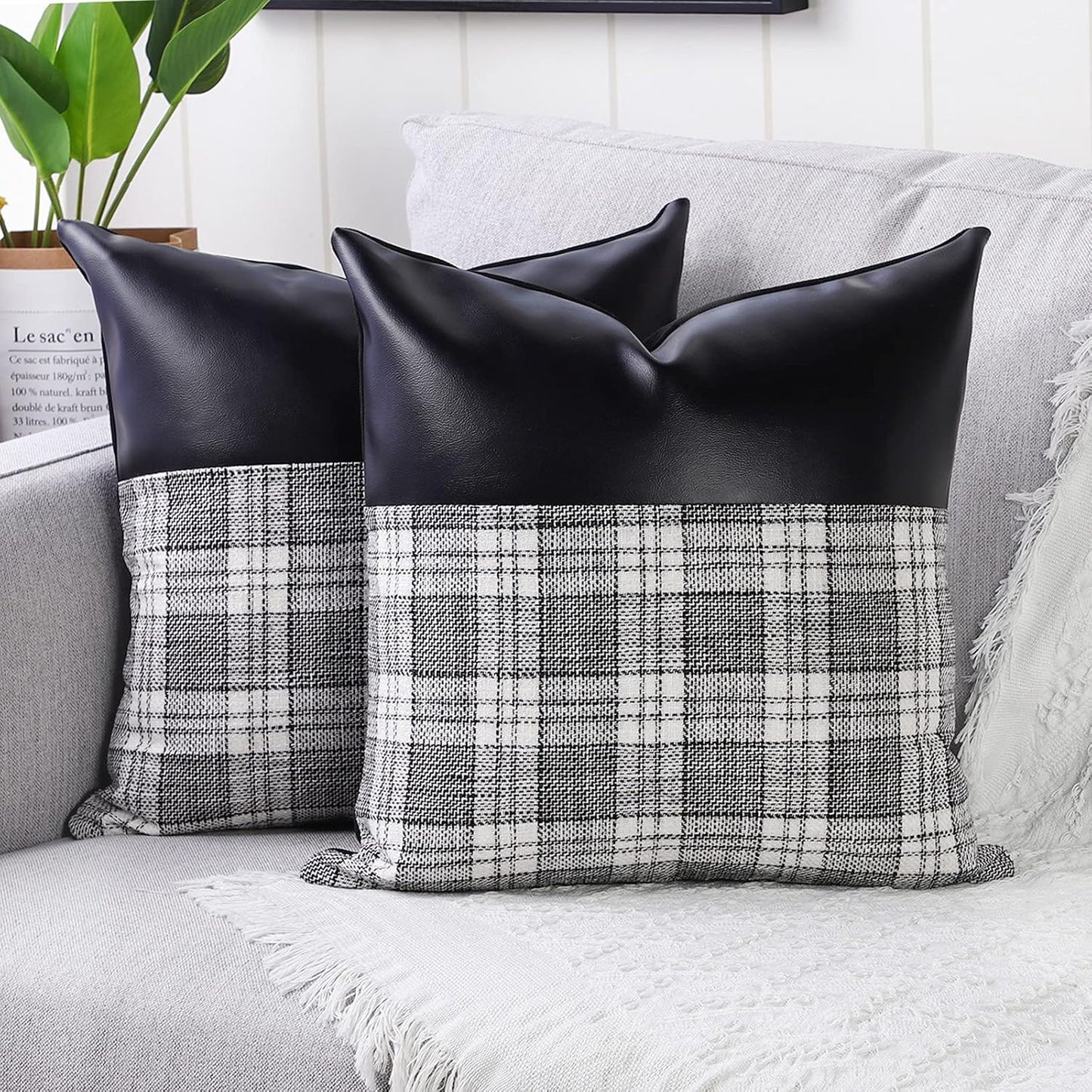 Pair of Wukusy pillow covers made of soft leather and cotton, 23x22 inches, for home decor cushions in a stylish design.