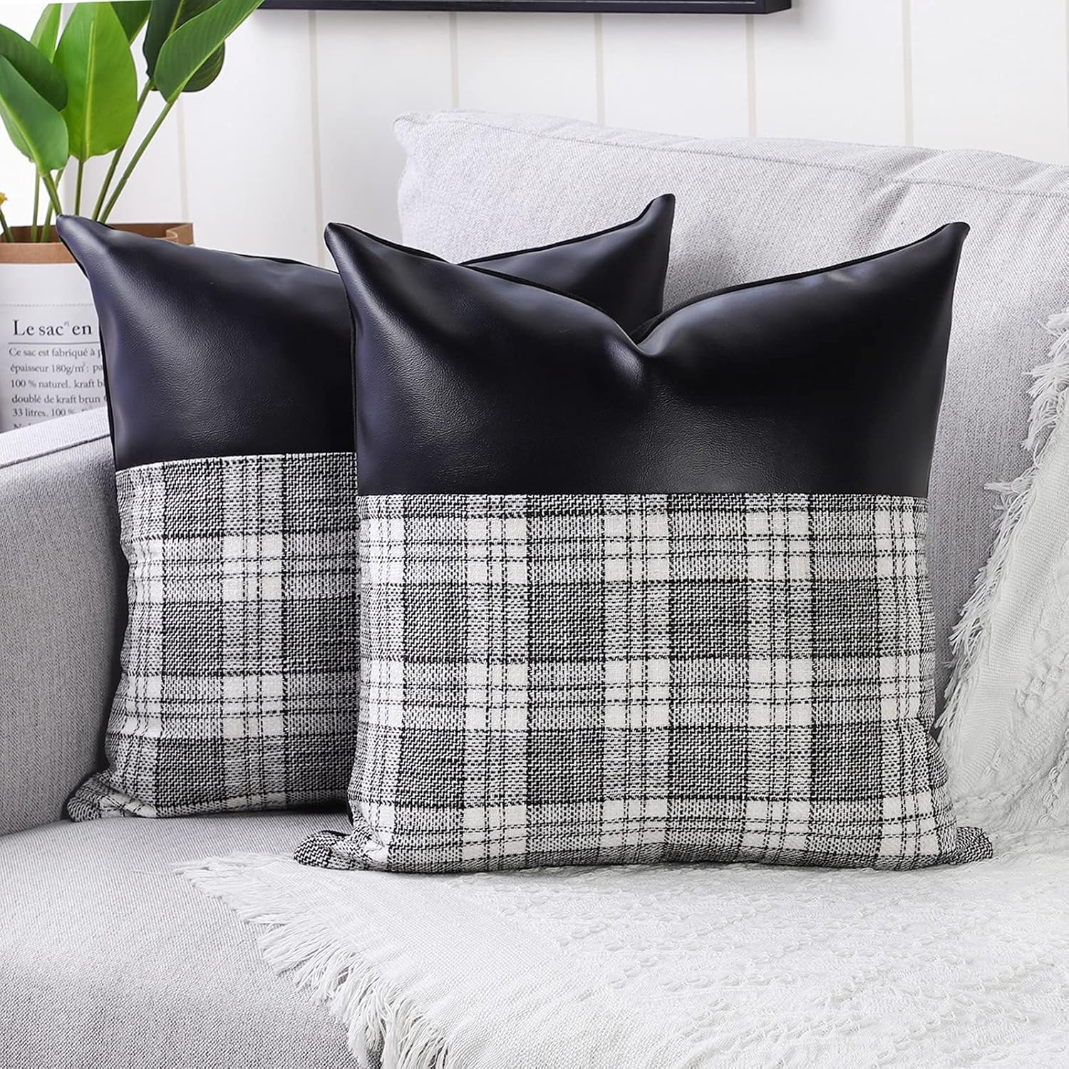 Pair of Wukusy pillow covers made of soft leather and cotton, 23x22 inches, for home decor cushions in a stylish design.