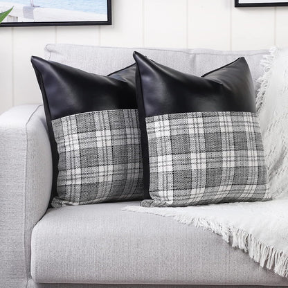 Pair of Wukusy soft leather and cotton pillow covers, 23x22 inches, for home decor, featuring a modern cushion case design.