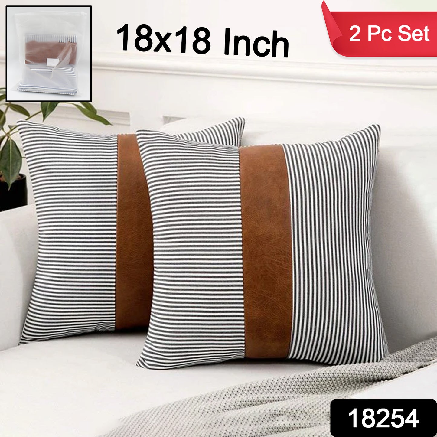 Pair of Wukusy leather and cotton pillow covers, 16x16 inches, for home decor, featuring stylish and soft cushion covers.