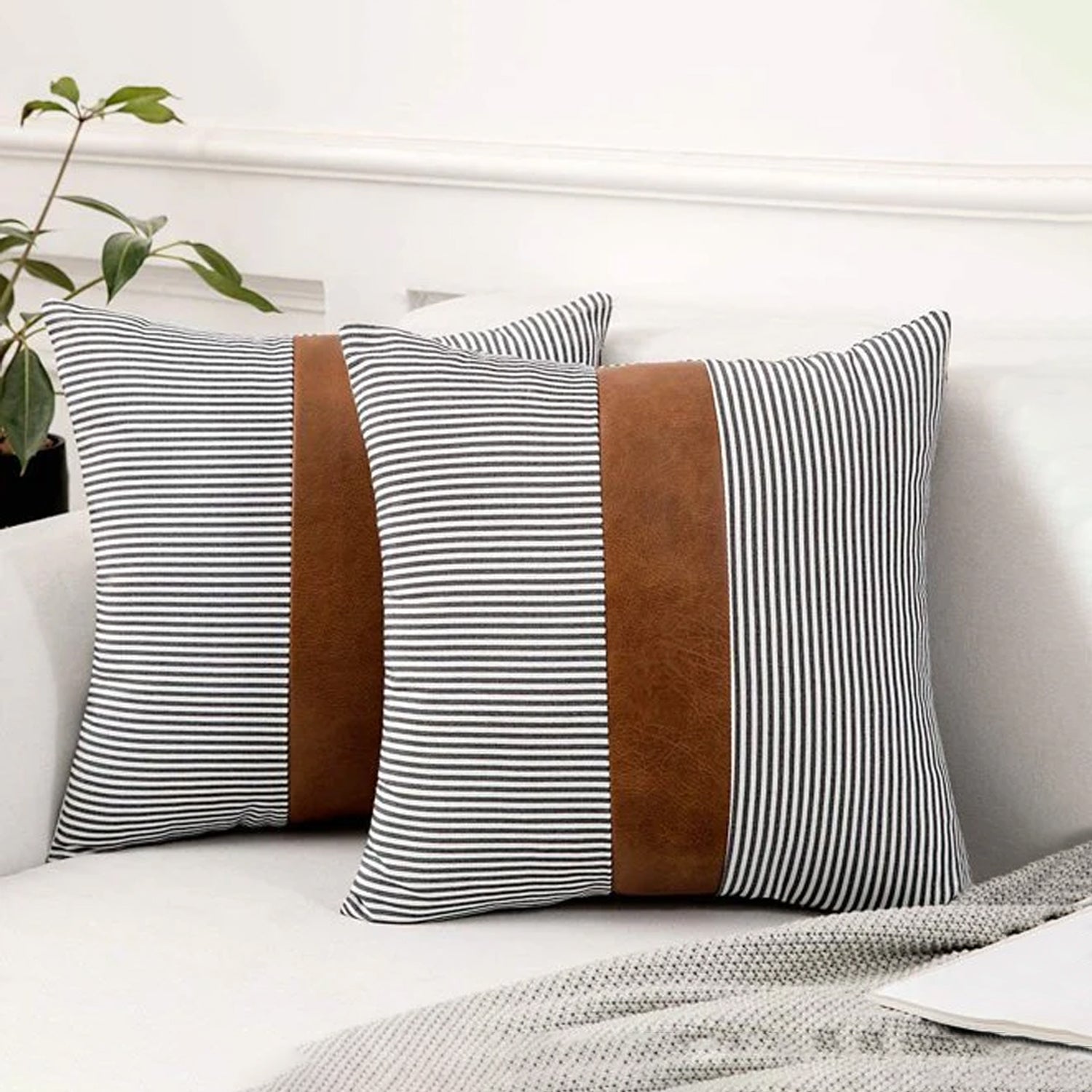 Pair of 16x16 inch Wukusy leather and cotton pillow covers for home decor, set of two cushion covers.