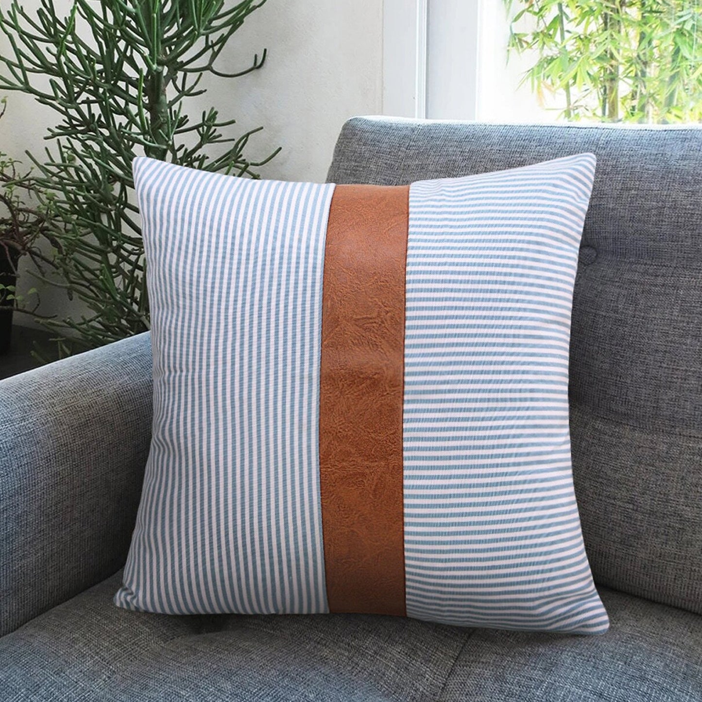 Pair of Wukusy leather and cotton pillow covers, 16x16 inches, for home décor, featuring stylish, soft cushion covers.