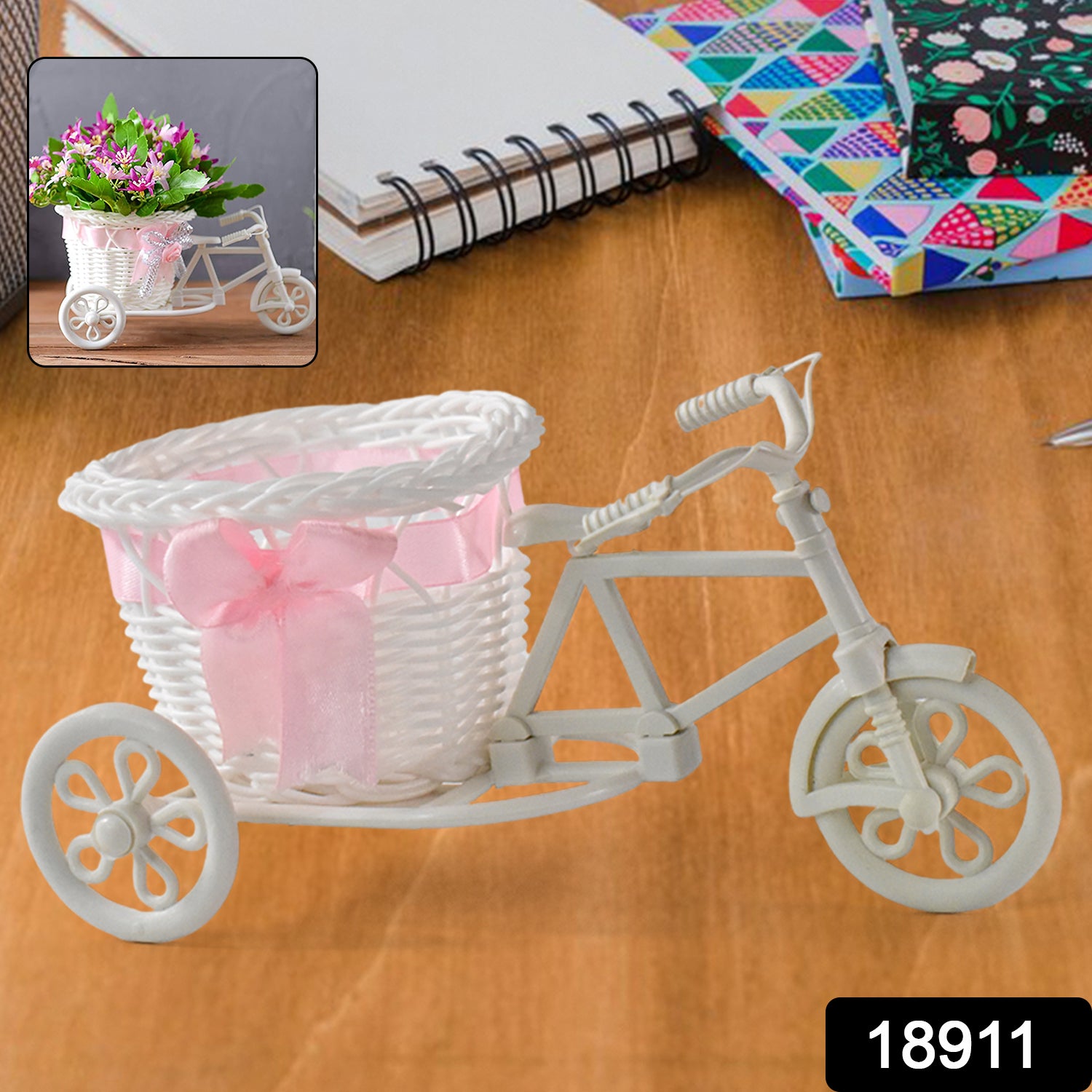 Wukusy plastic bicycle-themed flower vase for home decor, standing as a decorative flower pot stand in a modern home setting.