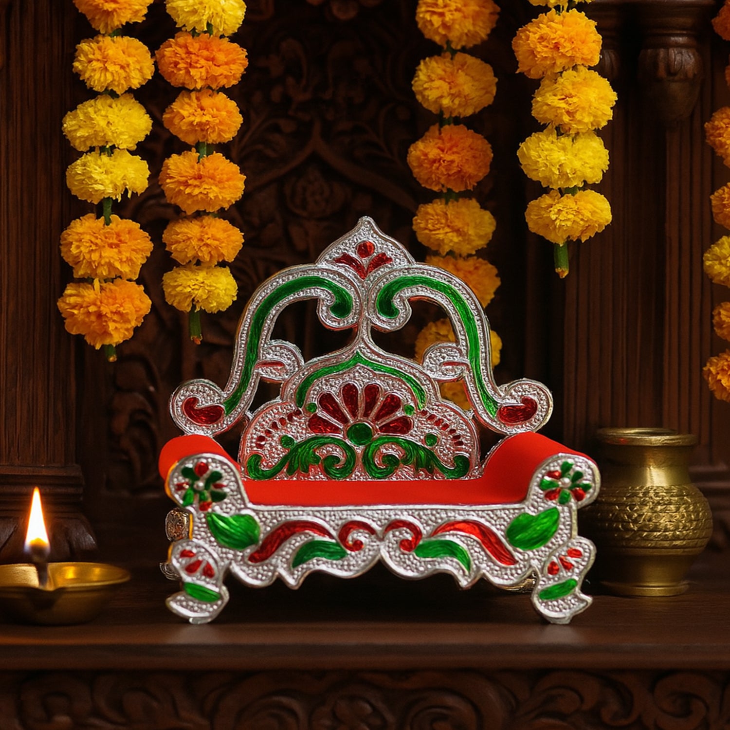 Plastic decorative small Singhasan for Laddu Gopal Krishna Ji or Ganesha idol, ideal for home improvement, by Wukusy.