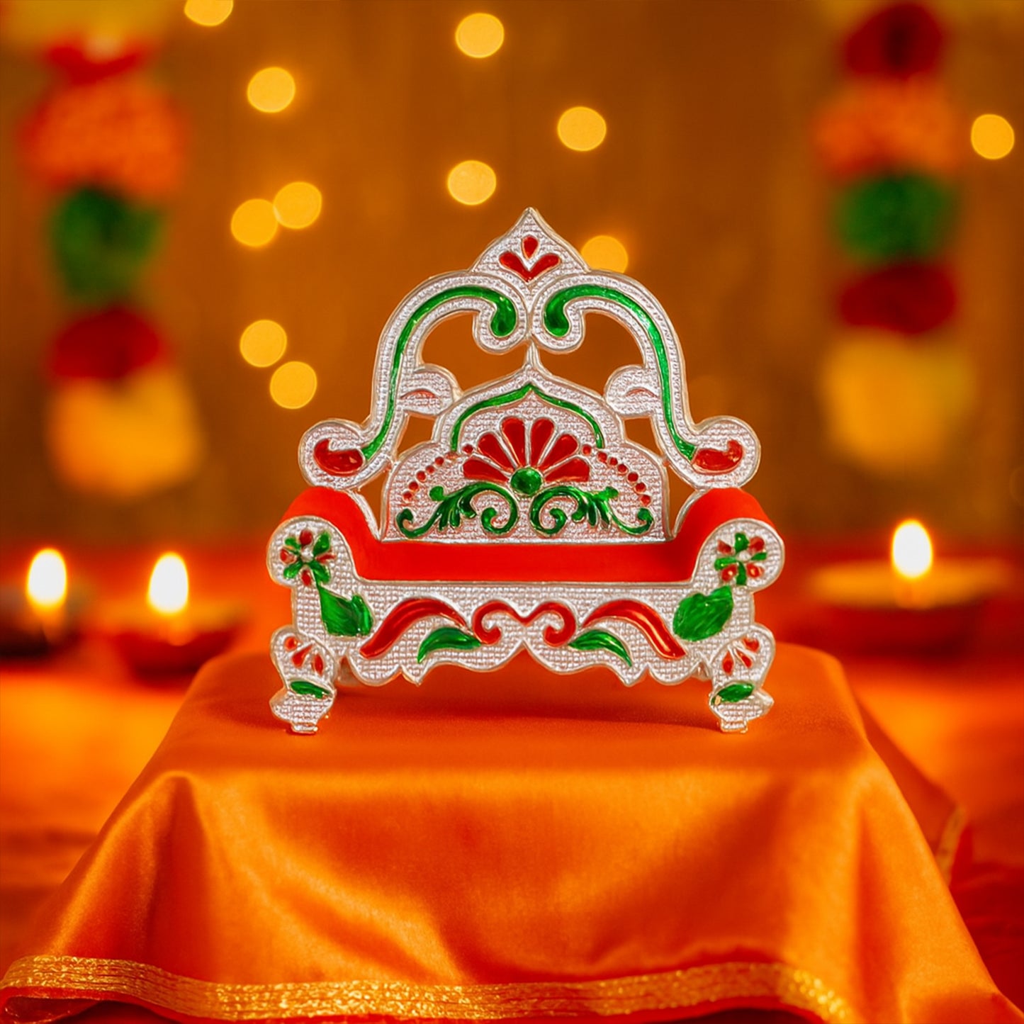 Plastic decorative small Singhasan for Laddu Gopal, Krishna Ji, or Ganesha idol by Wukusy, suitable for home improvement.