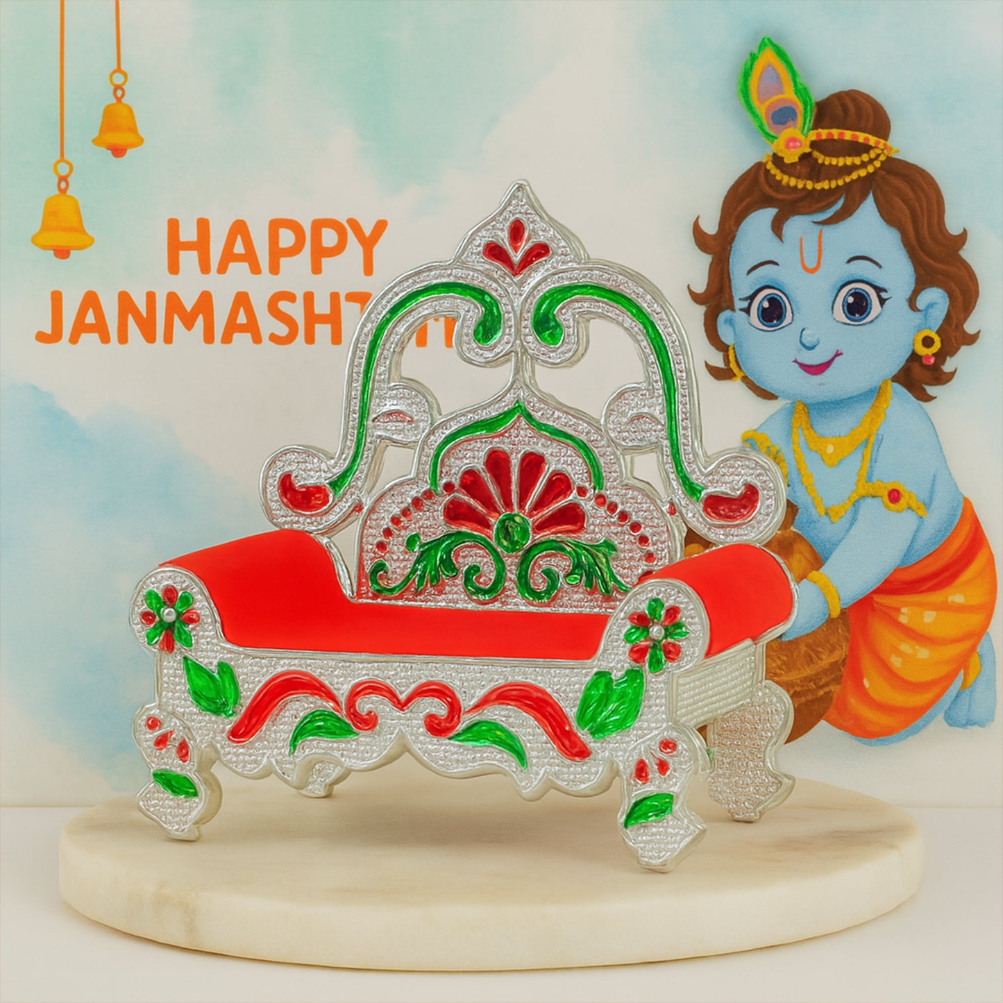 Plastic decorative small Singhasan for Laddu Gopal Krishna Ji or Ganesha idol, ideal for home improvement and temple decor.