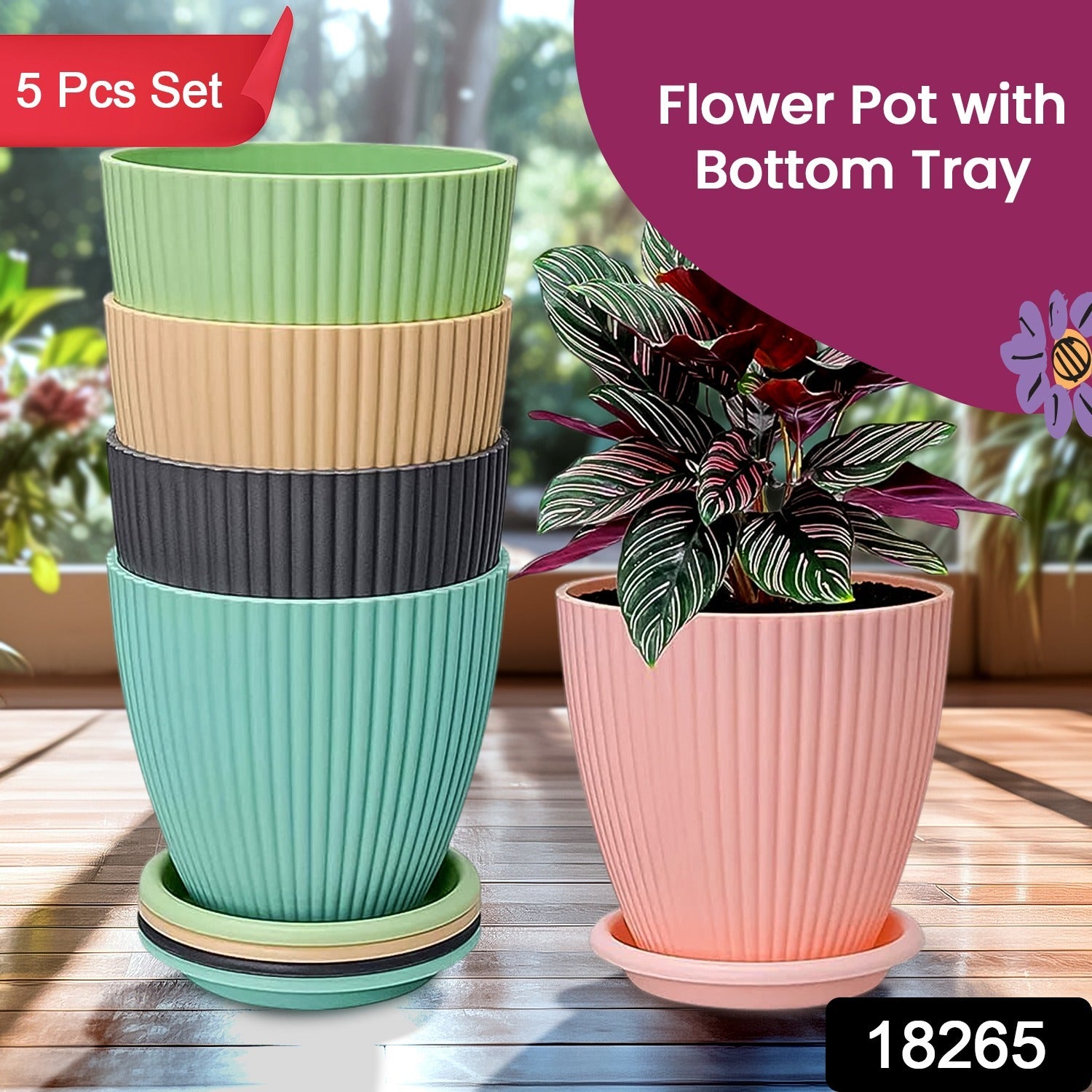 Set of five Wukusy plastic flower pots with bottom trays for home gardening and plant display.