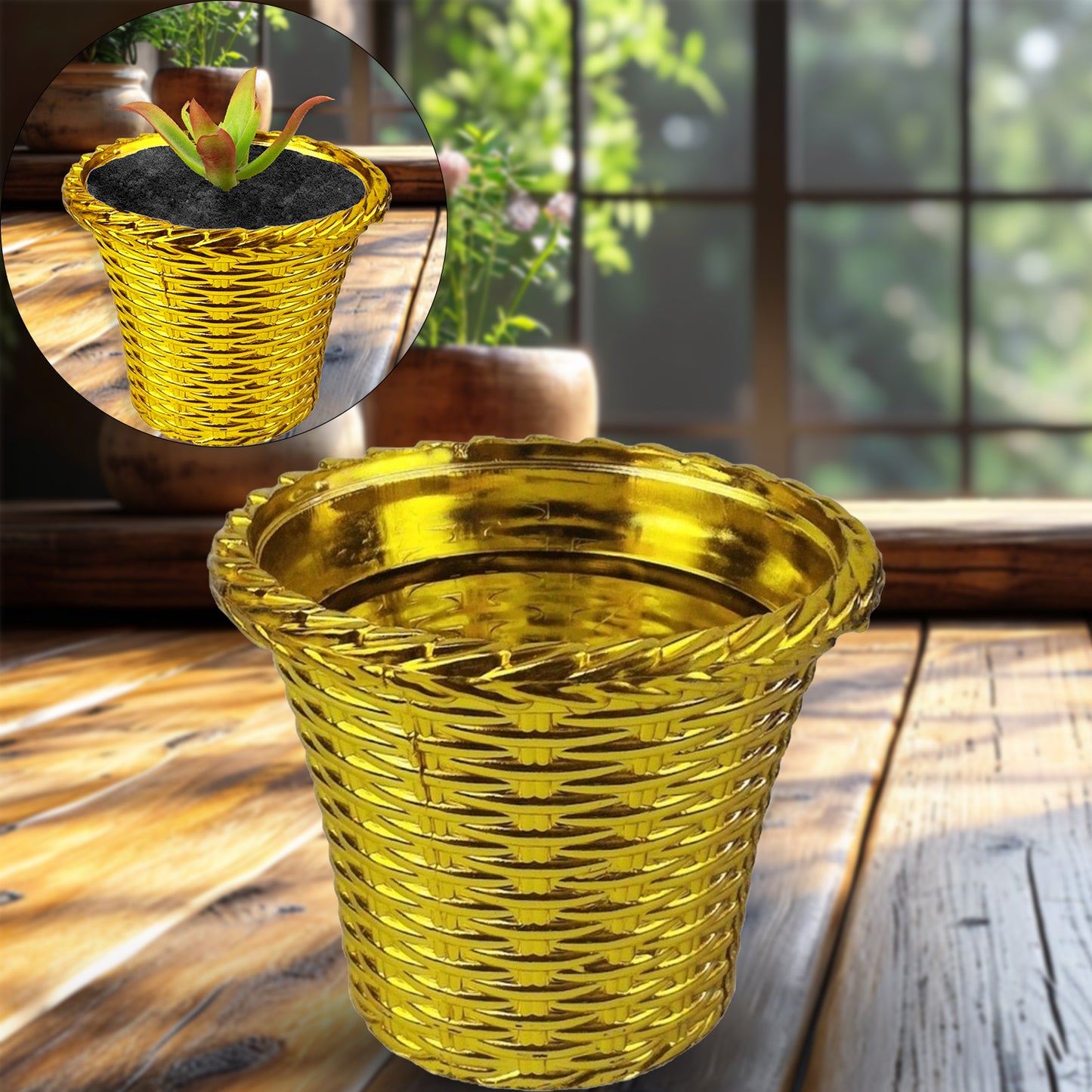 Plastic Flower Valencia in a Wukusy pot, suitable for home or outdoor decor, showcasing vibrant colors and realistic details.