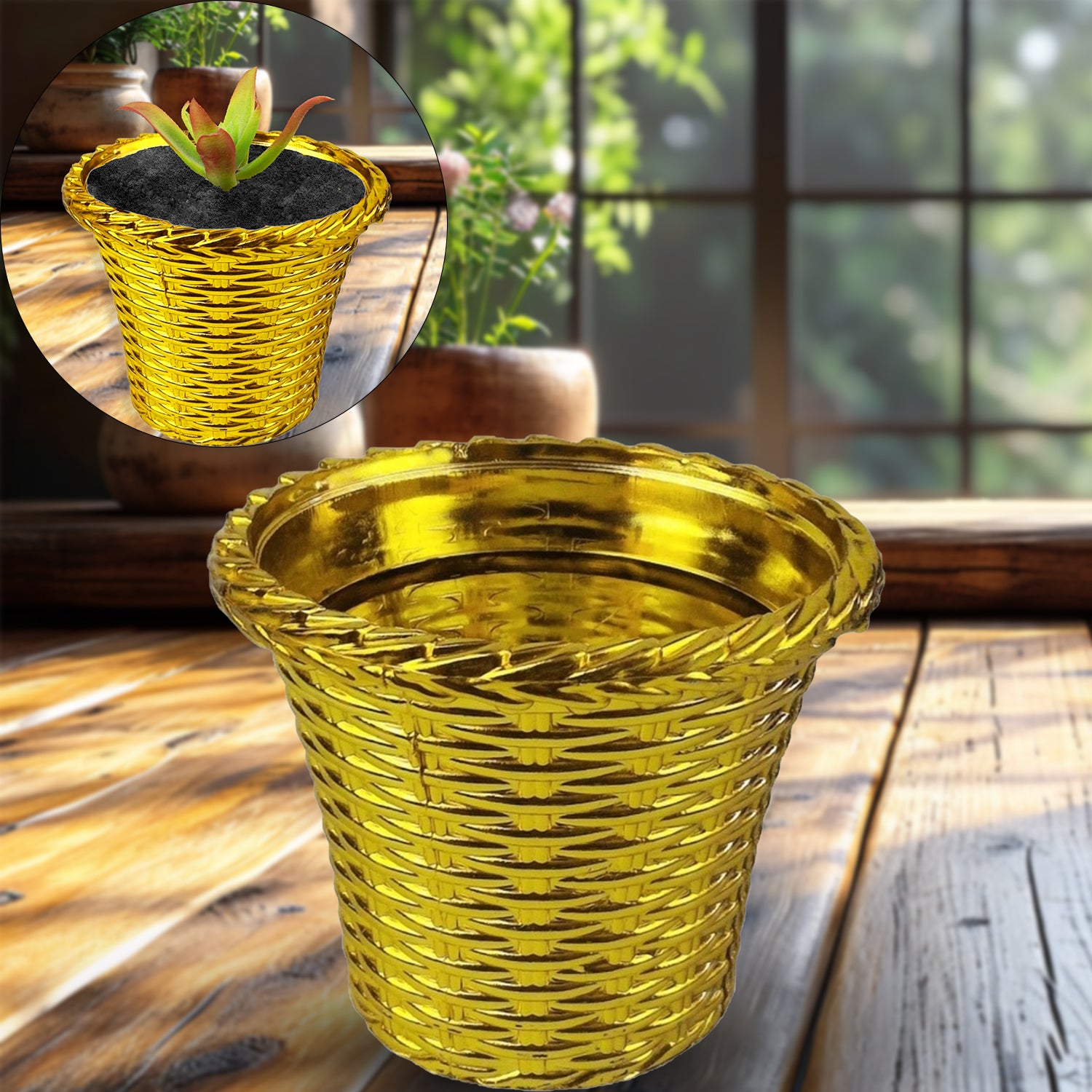 Plastic Flower Valencia in a Wukusy pot, suitable for home or outdoor decor, showcasing vibrant colors and realistic details.