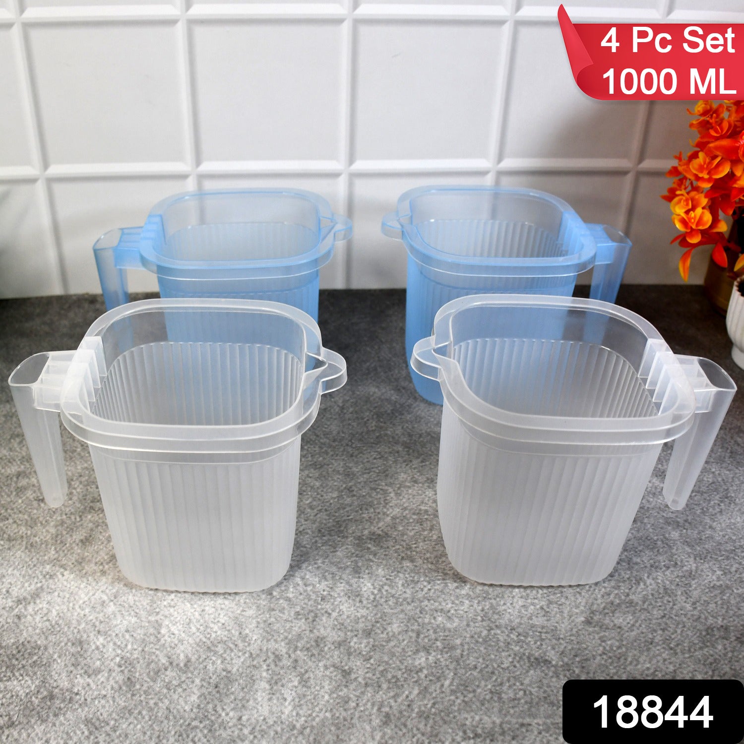 Set of four Wukusy plastic transparent bathroom water mugs in mixed colors, each 1000 ml capacity for home improvement use