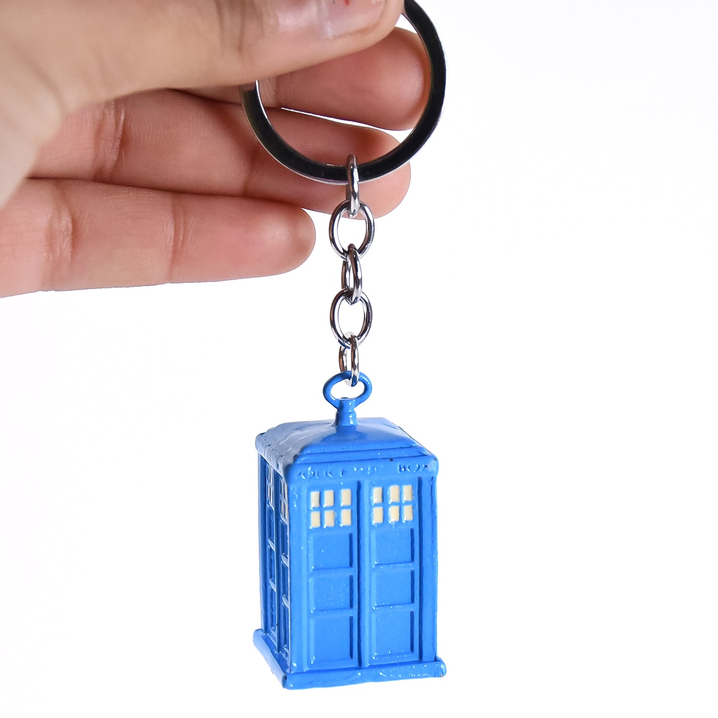 Wukusy police booth box shape 3D metal keychain, featuring detailed police booth design, ideal for home improvement accessories.