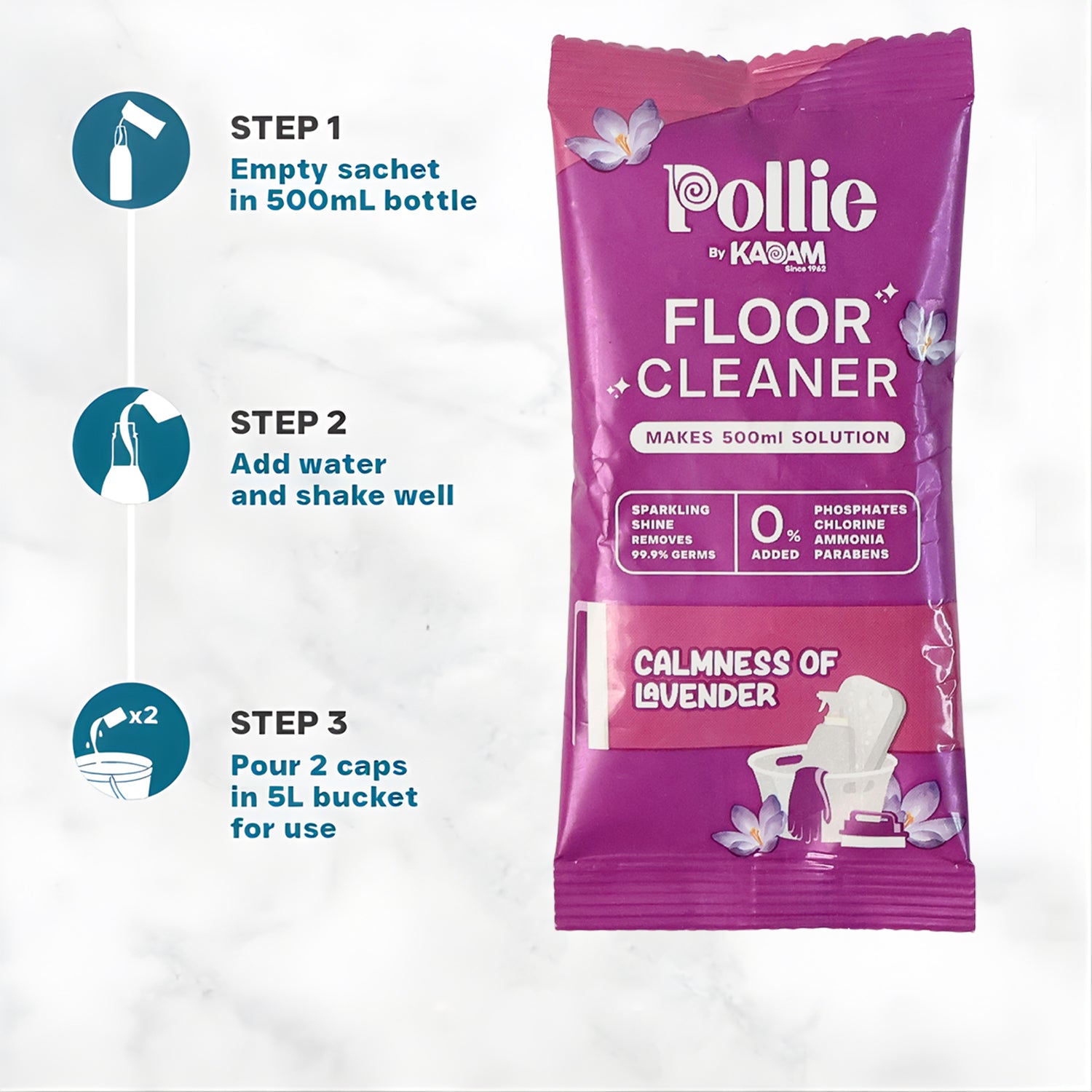 Wukusy Pollic Kadam concentrated floor cleaner sachet with lavender fragrance, 50g, for effective home floor cleaning.