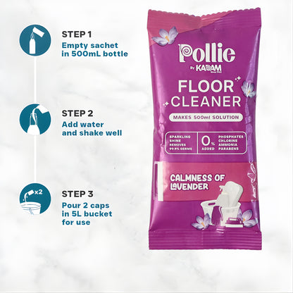 Wukusy Pollic Kadam concentrated floor cleaner sachet with lavender fragrance, 50g, for effective home floor cleaning.
