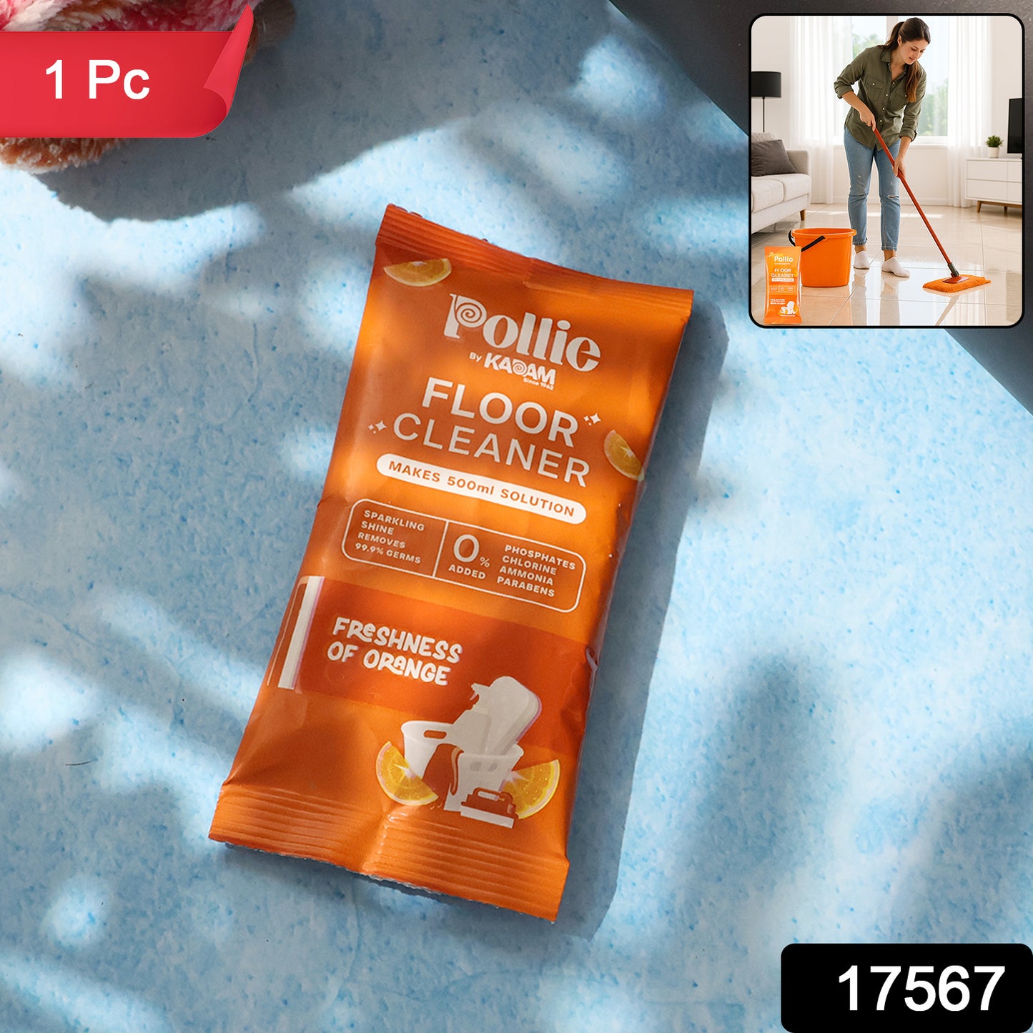 Wukusy Pollic Kadam concentrated floor cleaner sachet with orange fresh fragrance, 50g for effective home cleaning.