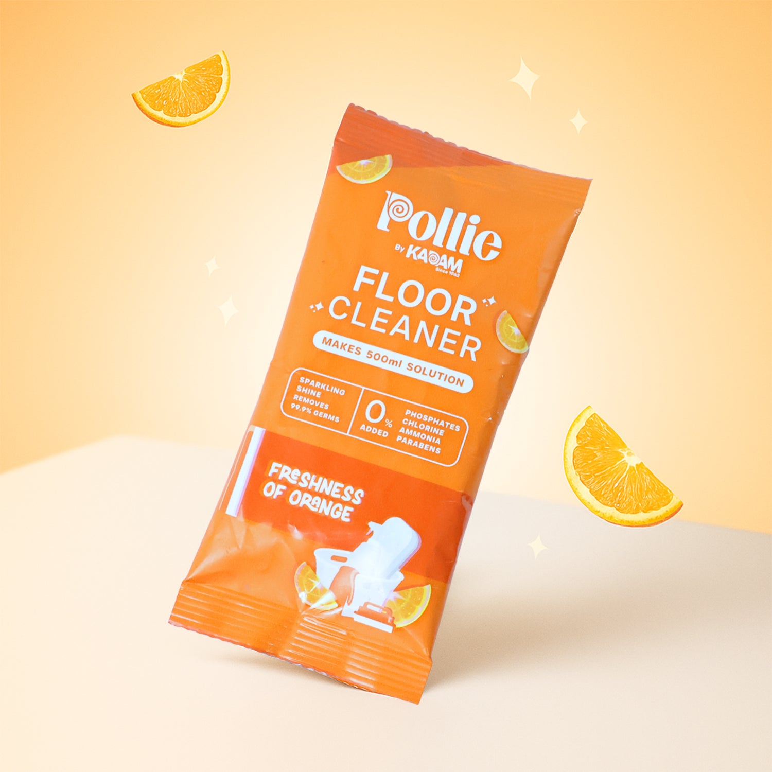 Wukusy Pollic Kadam concentrated floor cleaner sachet, 50g, with orange fresh fragrance, designed for effective home floor cleaning.