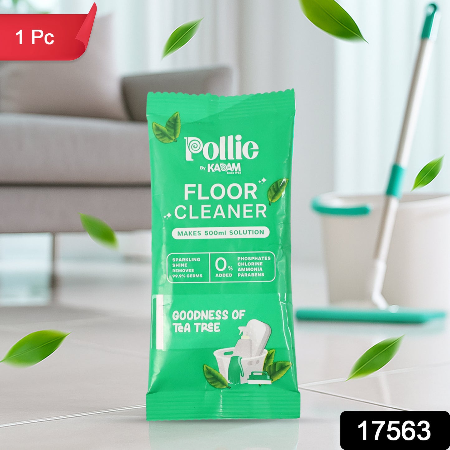 Pollic Kadam concentrated floor cleaner sachet by Wukusy with tea tree fragrance, 50g, for effective home floor cleaning.