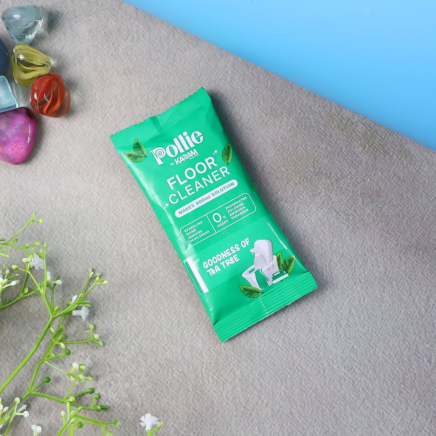 Pollic Kadam concentrated floor cleaner sachet by Wukusy with tea tree fragrance, 50g, for fresh, clean home surfaces.