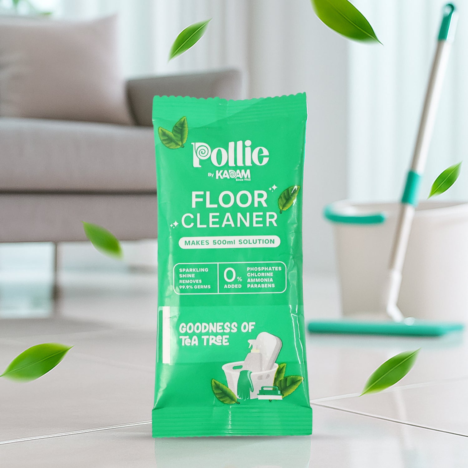 Wukusy Pollic Kadam concentrated floor cleaner sachet with tea tree fragrance, 50g, for effective home floor cleaning and fresh scent.