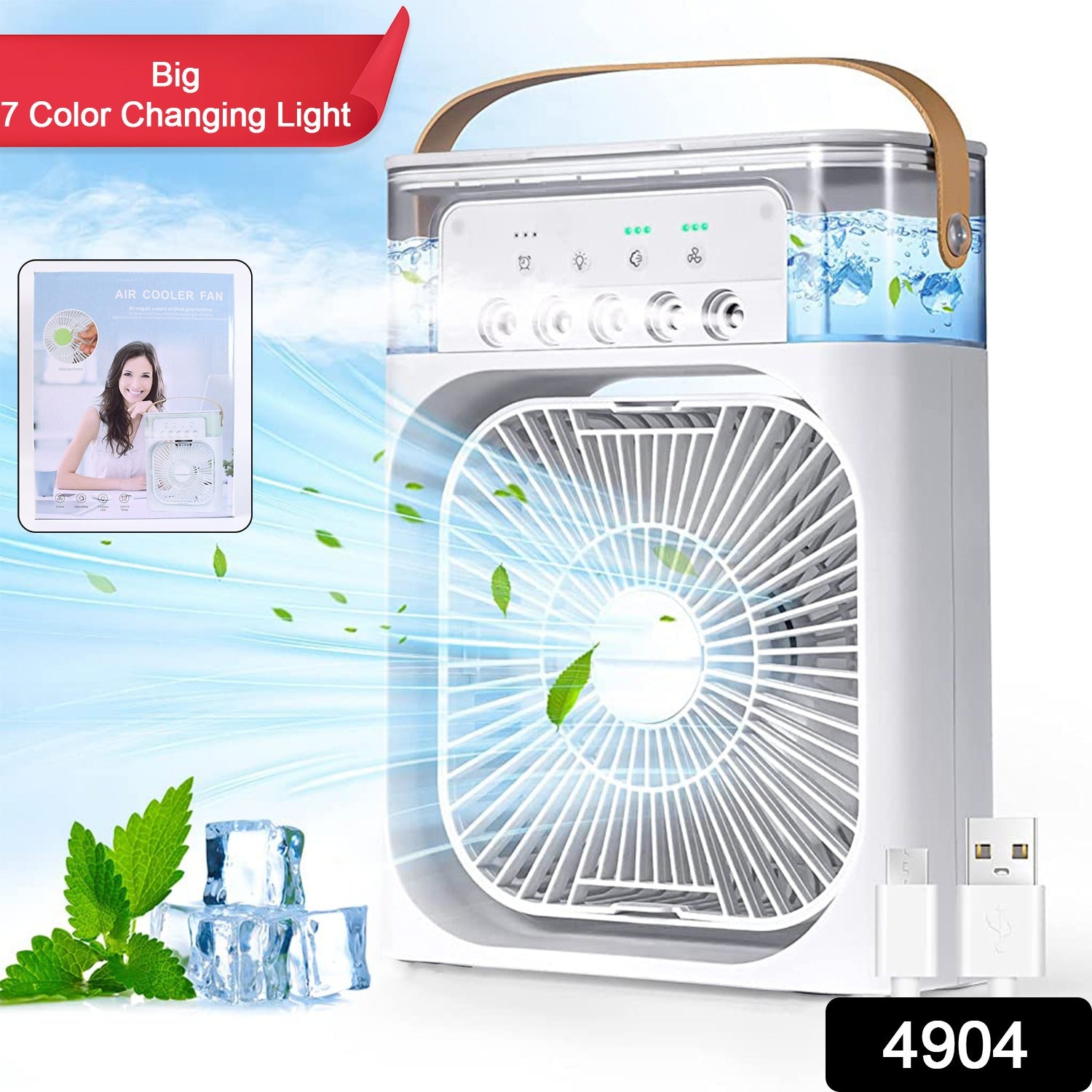 Wukusy portable air conditioner fan with 7-color changing lights, compact home improvement cooling device, big size, single piece