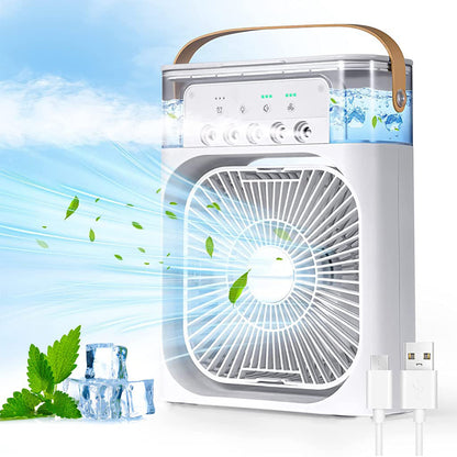 Wukusy portable air conditioner fan with 7 color-changing lights, compact home improvement cooling device in black.