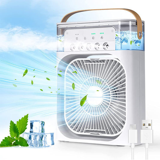 Wukusy portable air conditioner fan with 7 color-changing lights, compact home improvement cooling device in black.