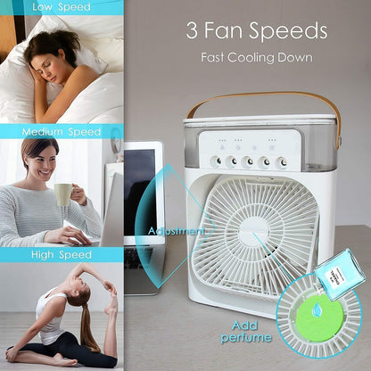 Wukusy portable air conditioner fan with 7 color-changing lights, compact home improvement cooling device, large size.