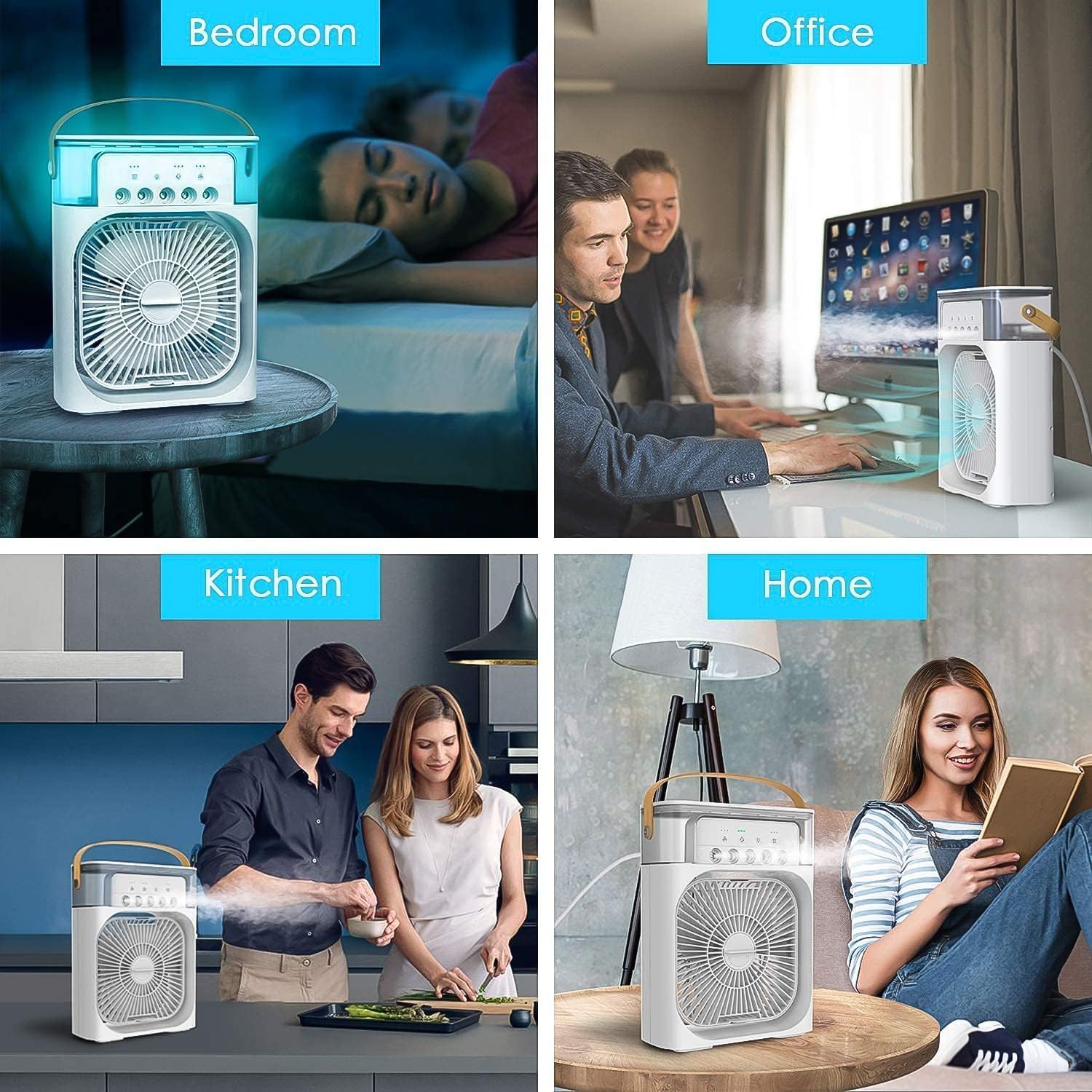 Wukusy portable air conditioner fan with 7 color-changing lights, compact home improvement cooling device, large one-piece design.