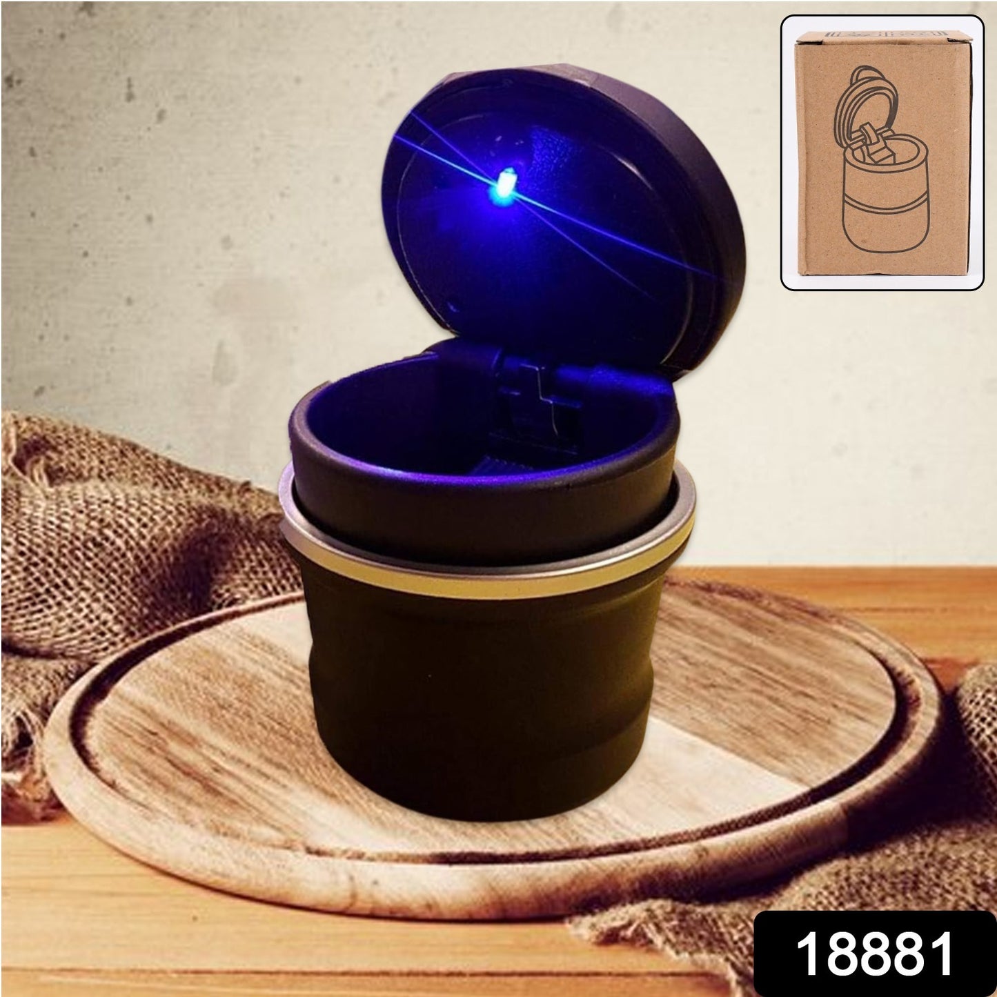 Wukusy portable car ashtray with lid and blue LED light, compact design for vehicle use, suitable for home improvement needs.
