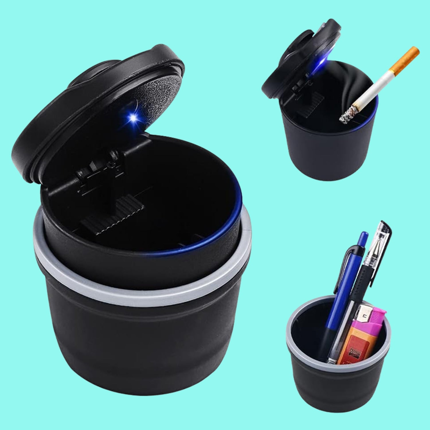 Wukusy portable car ashtray with lid and blue LED light, compact design for vehicle use, ideal for clean smoking areas.