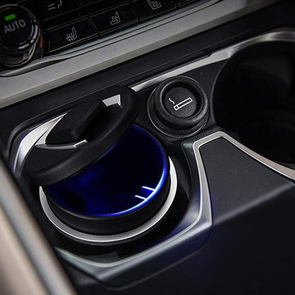 Wukusy portable car ashtray with lid and blue LED light, compact travel ashtray for vehicle use.