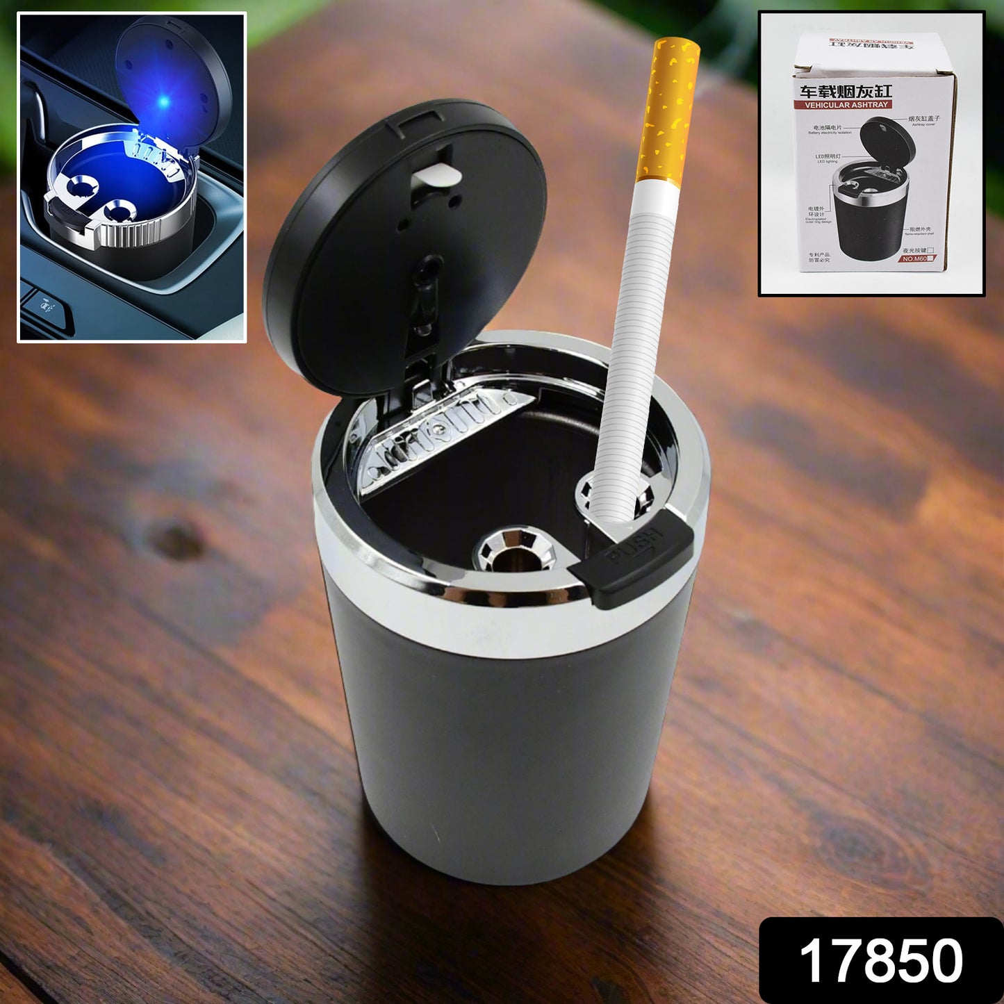 Portable Wukusy car ashtray with lid and blue LED light for easy, discreet smoking ash disposal in vehicles.