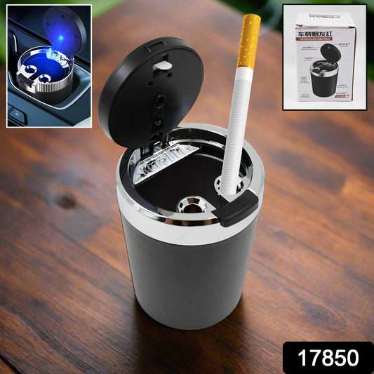 Portable Wukusy car ashtray with lid and blue LED light for easy, discreet smoking ash disposal in vehicles.